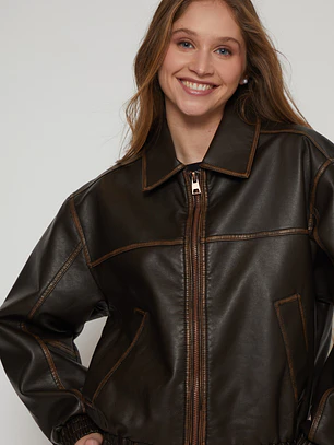 Chaqueta Efecto Piel Mujer Café Familyshop