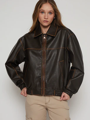 Chaqueta Efecto Piel Mujer Café Familyshop