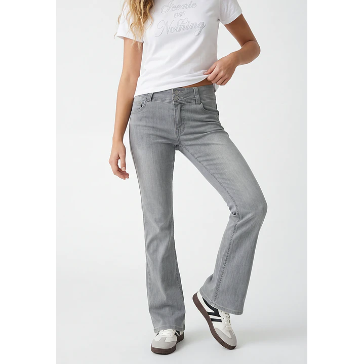 Jeans Tiro Bajo Flare Mujer Gris 1