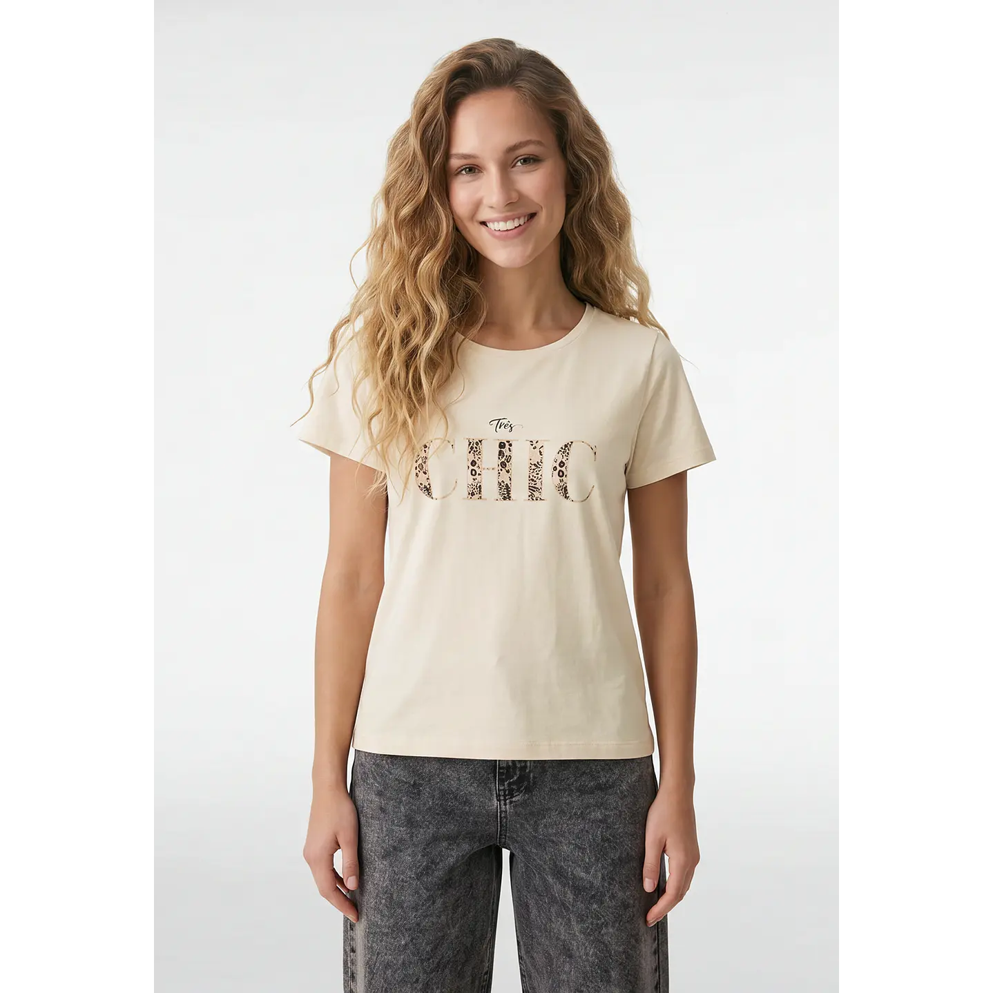 Polera Estampado Mujer Beige 1