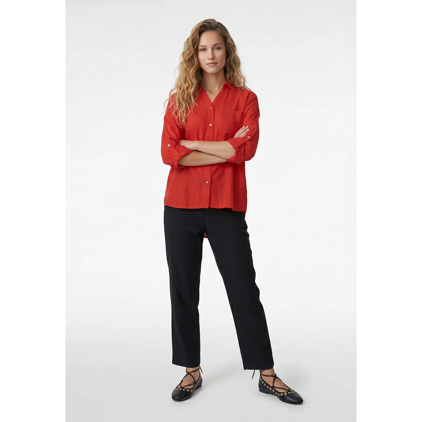 Blusa Lino Mujer Manga Larga Rojo 4