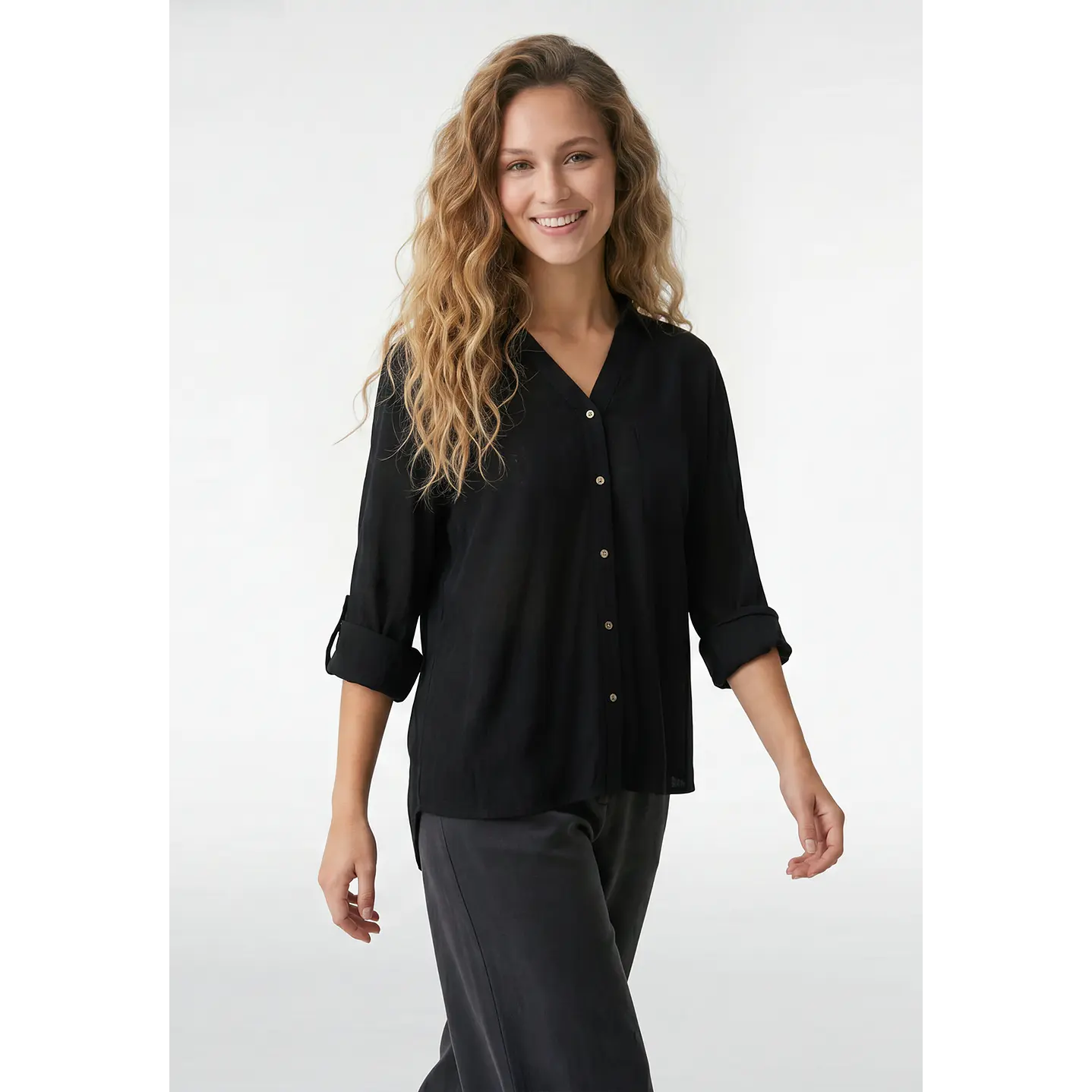 Blusa Lino Mujer Manga Larga Negro 1
