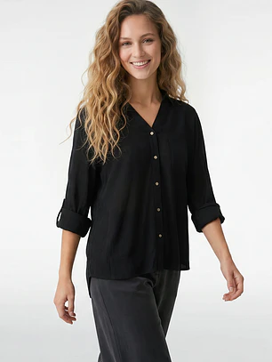 Blusa Lino Mujer Manga Larga Negro
