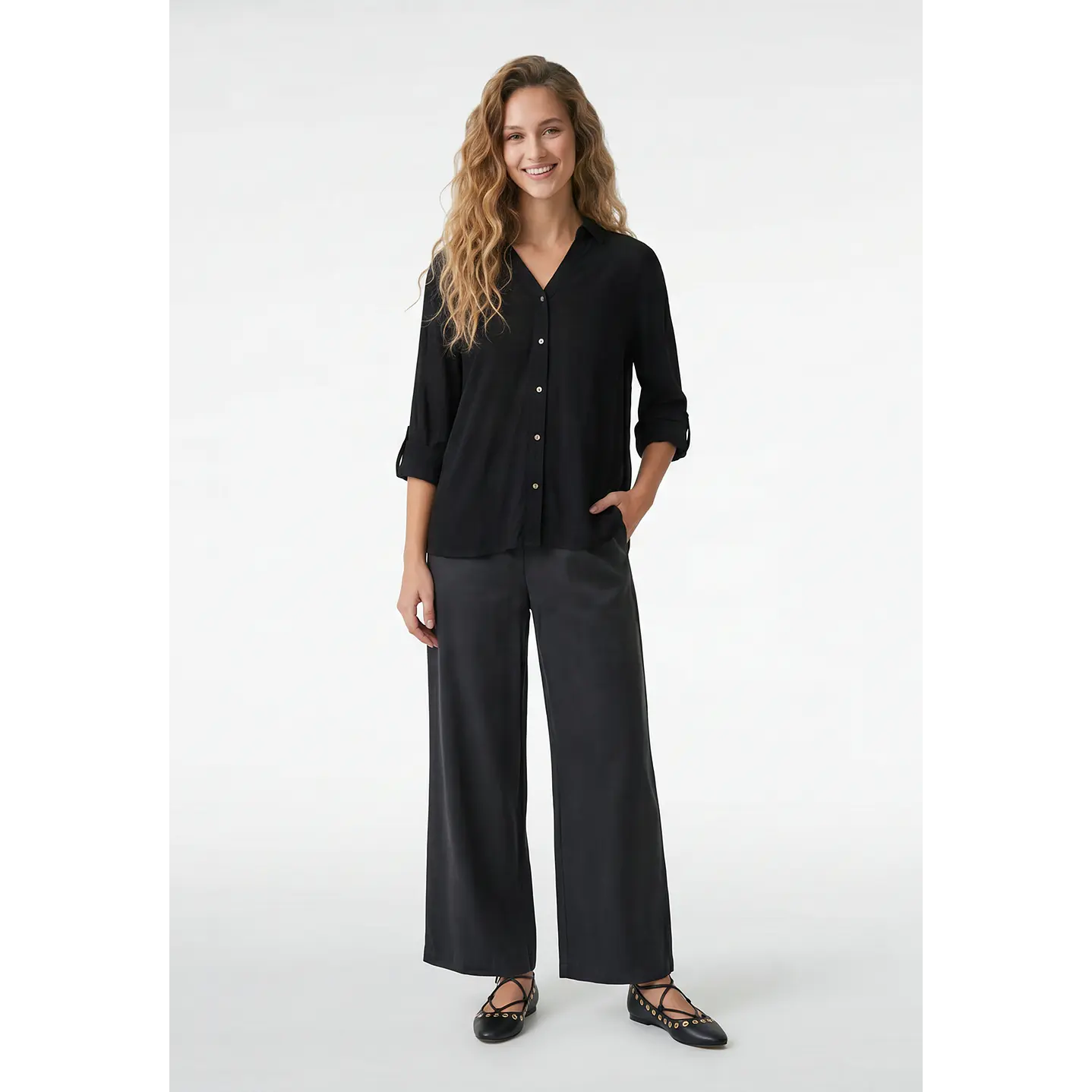 Blusa Lino Mujer Manga Larga Negro 4