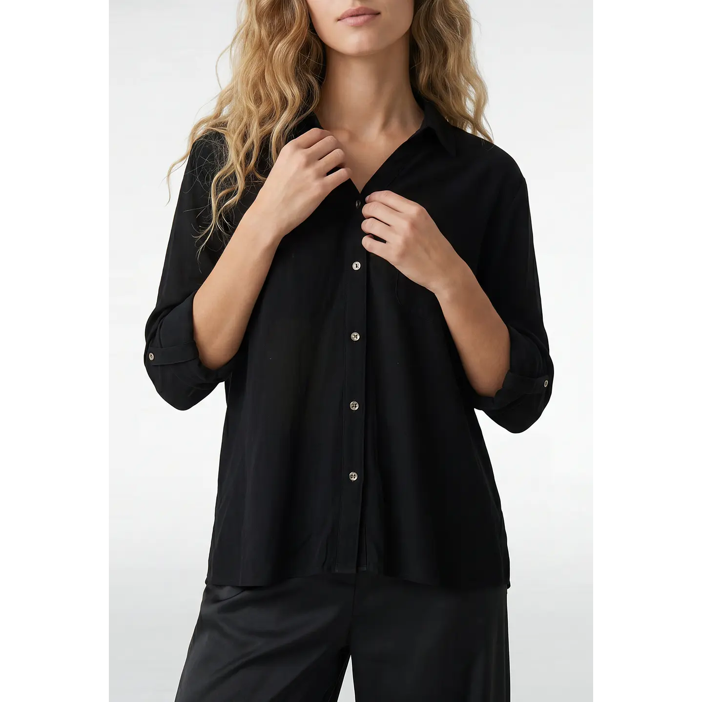 Blusa Lino Mujer Manga Larga Negro 2