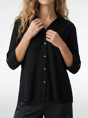 Blusa Lino Mujer Manga Larga Negro