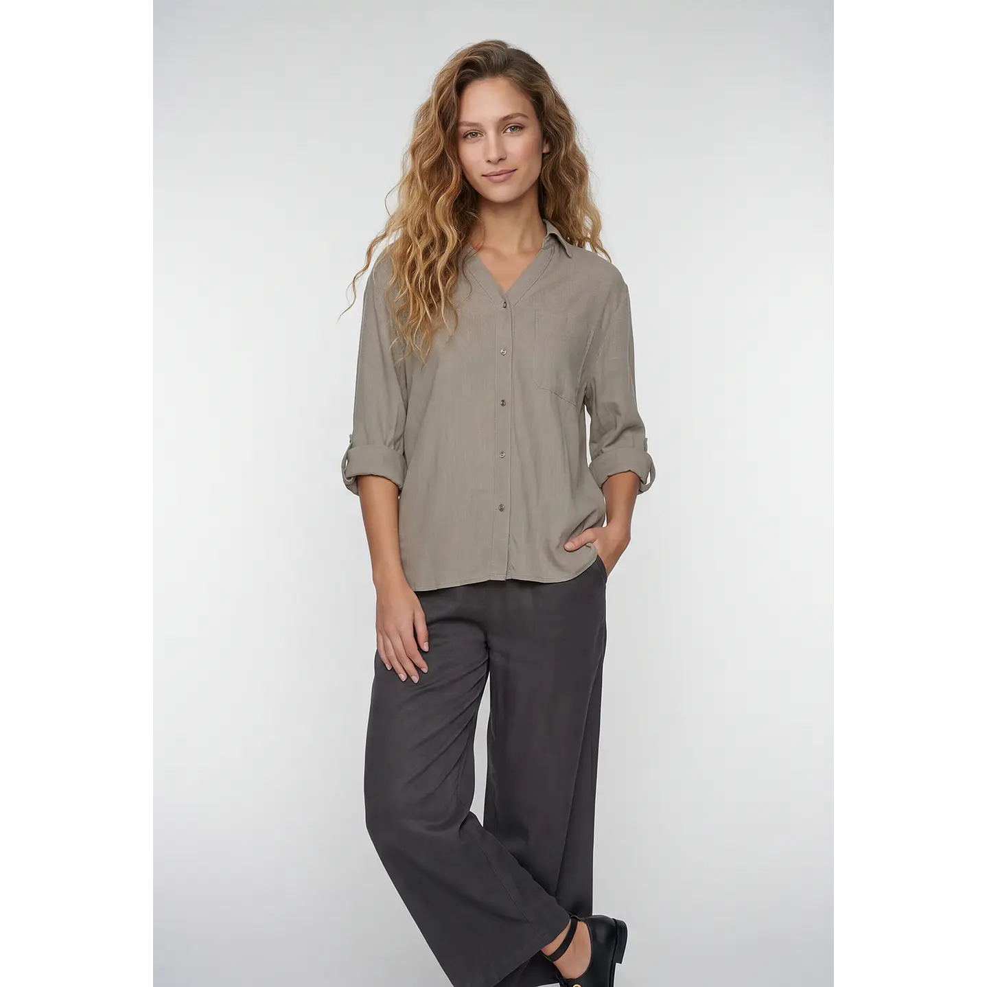 Blusa Lino Mujer Manga Larga Beige 1