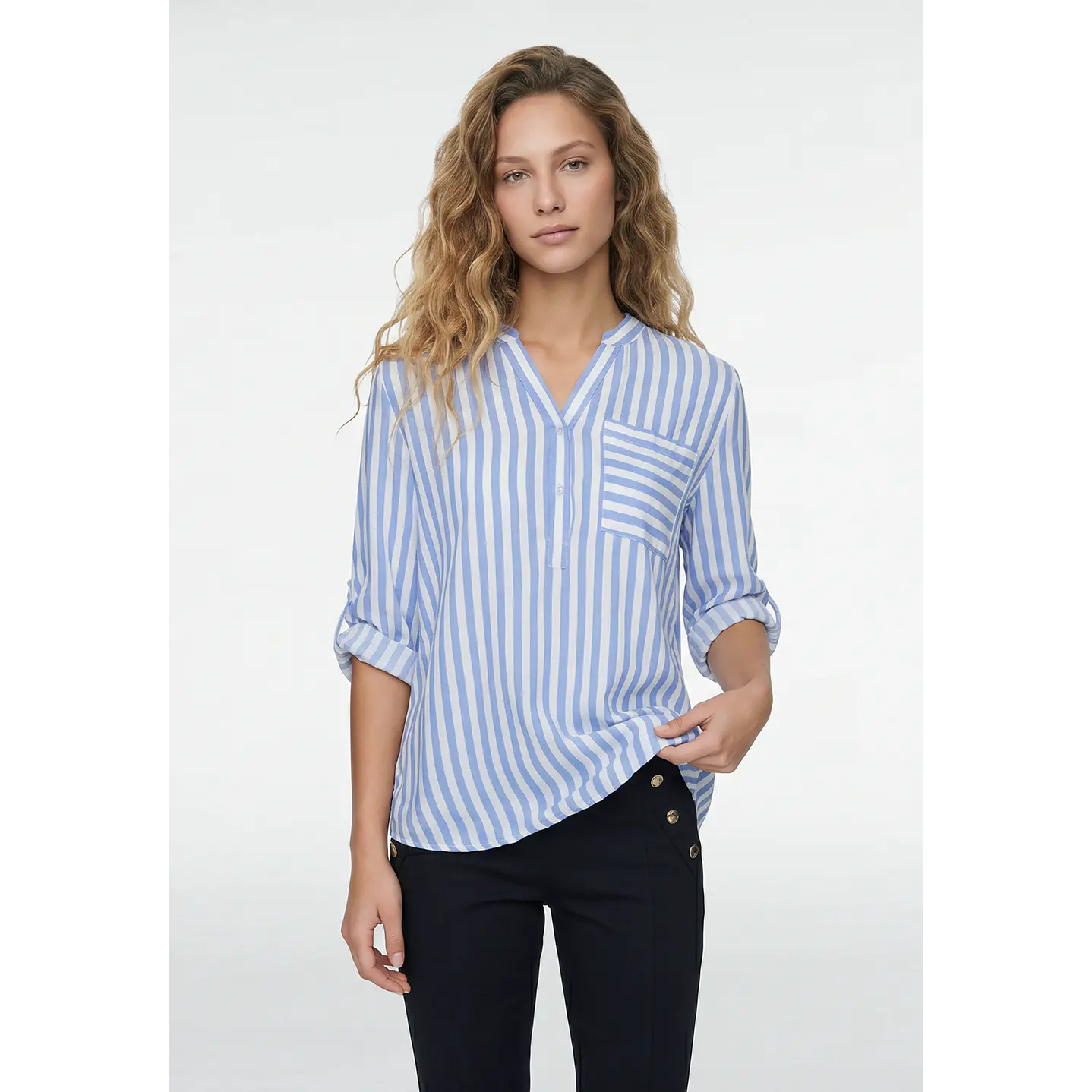 Blusa Rayada Mujer Manga 3/4 Celeste 1