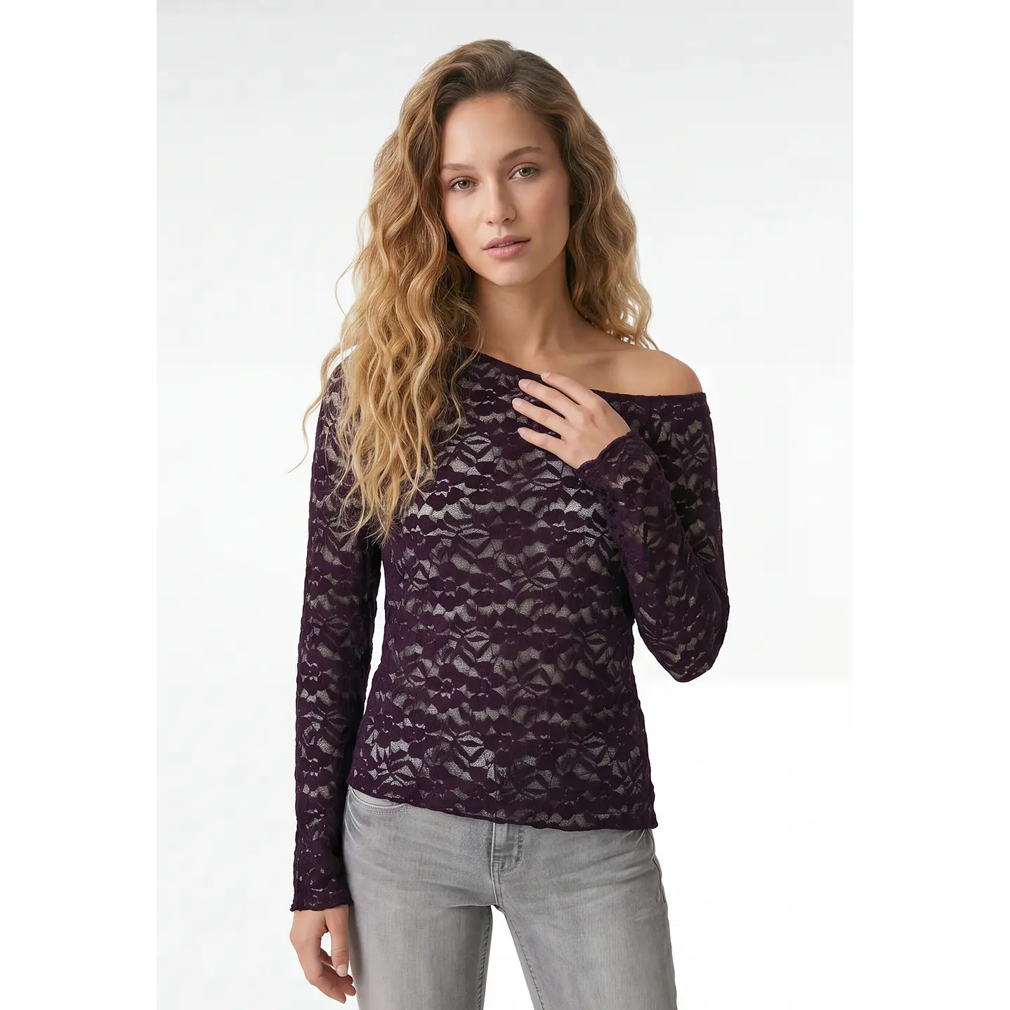 Polera Encaje Mujer Manga Larga Uva 1