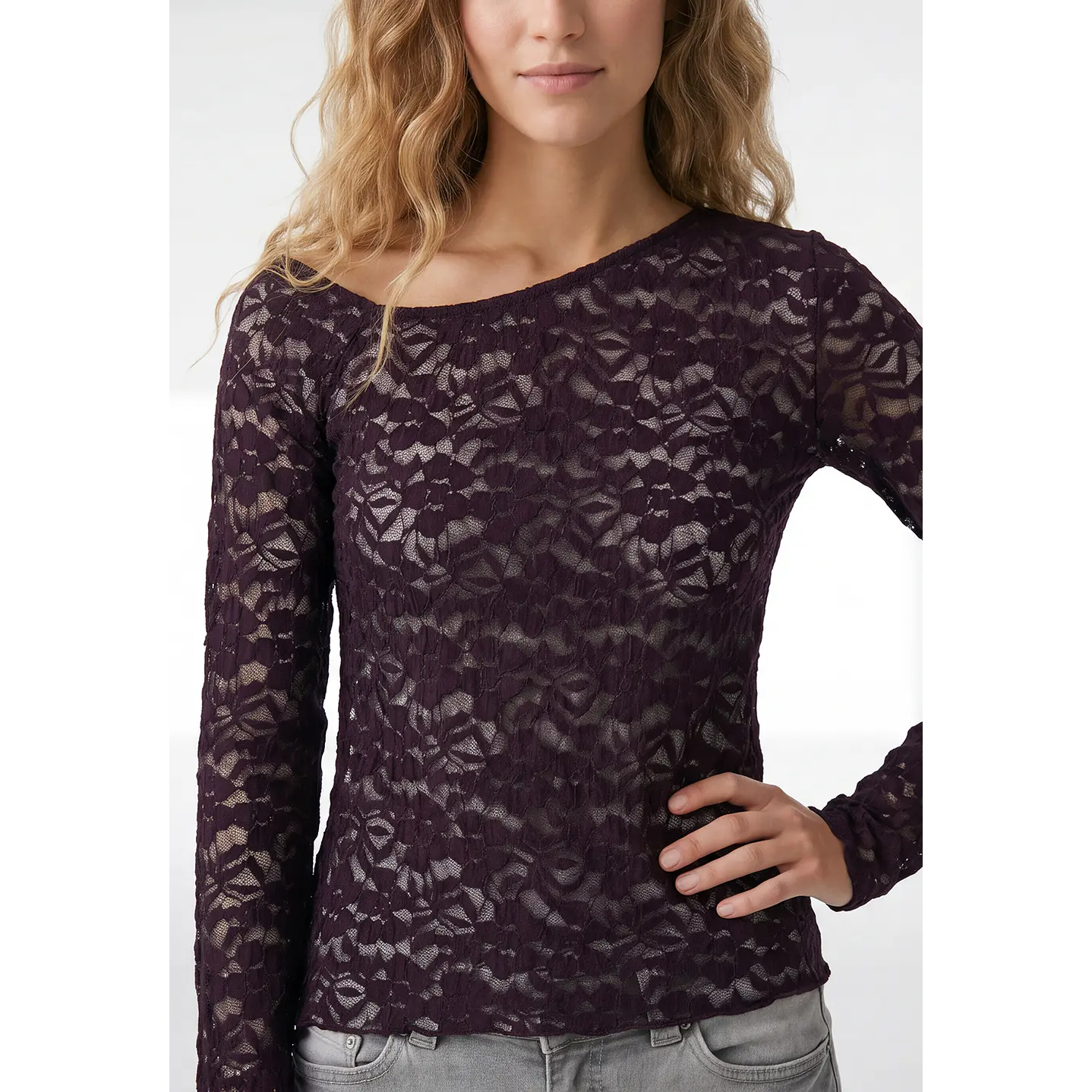 Polera Encaje Mujer Manga Larga Uva 2