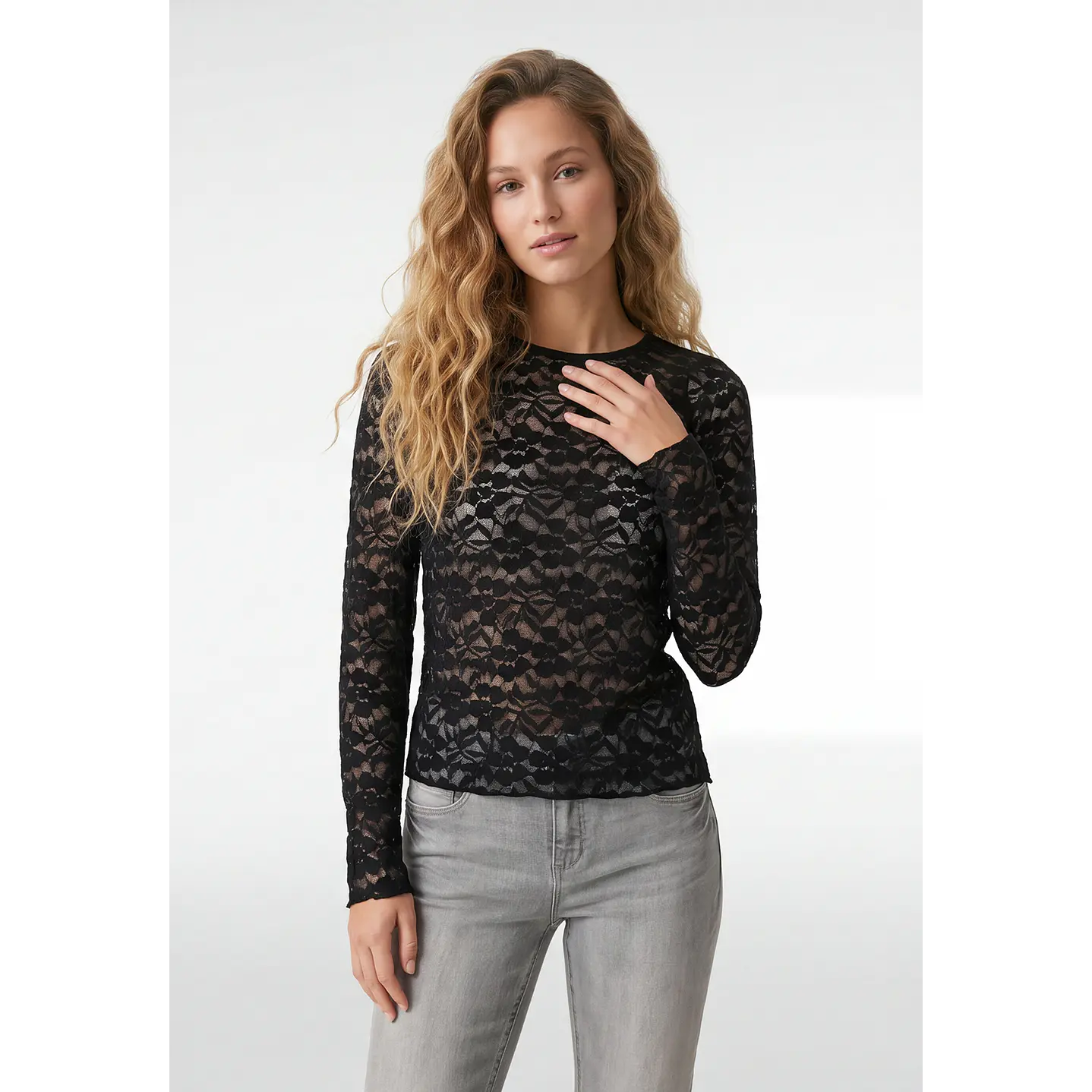Polera Encaje Mujer Manga Larga Negro 1