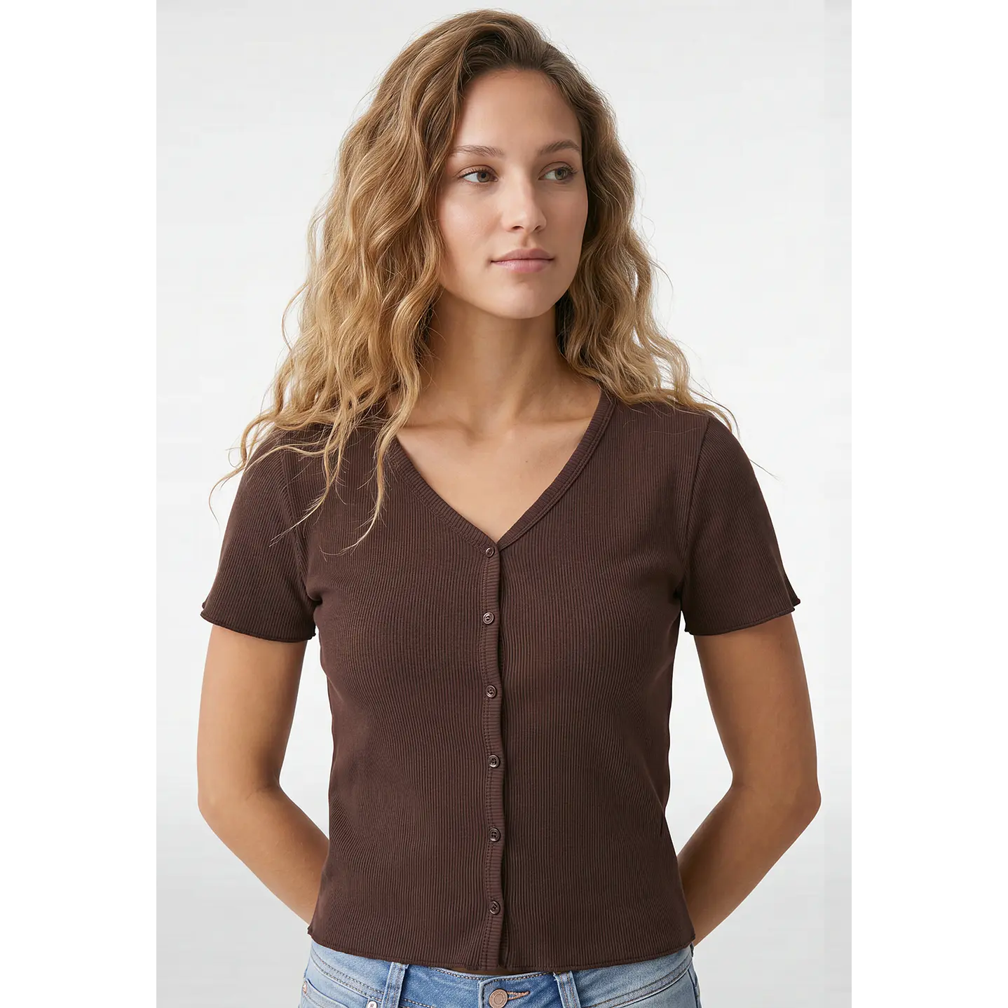 Polera Botones Mujer Café 2