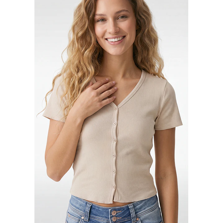 Polera Botones Mujer Beige 2