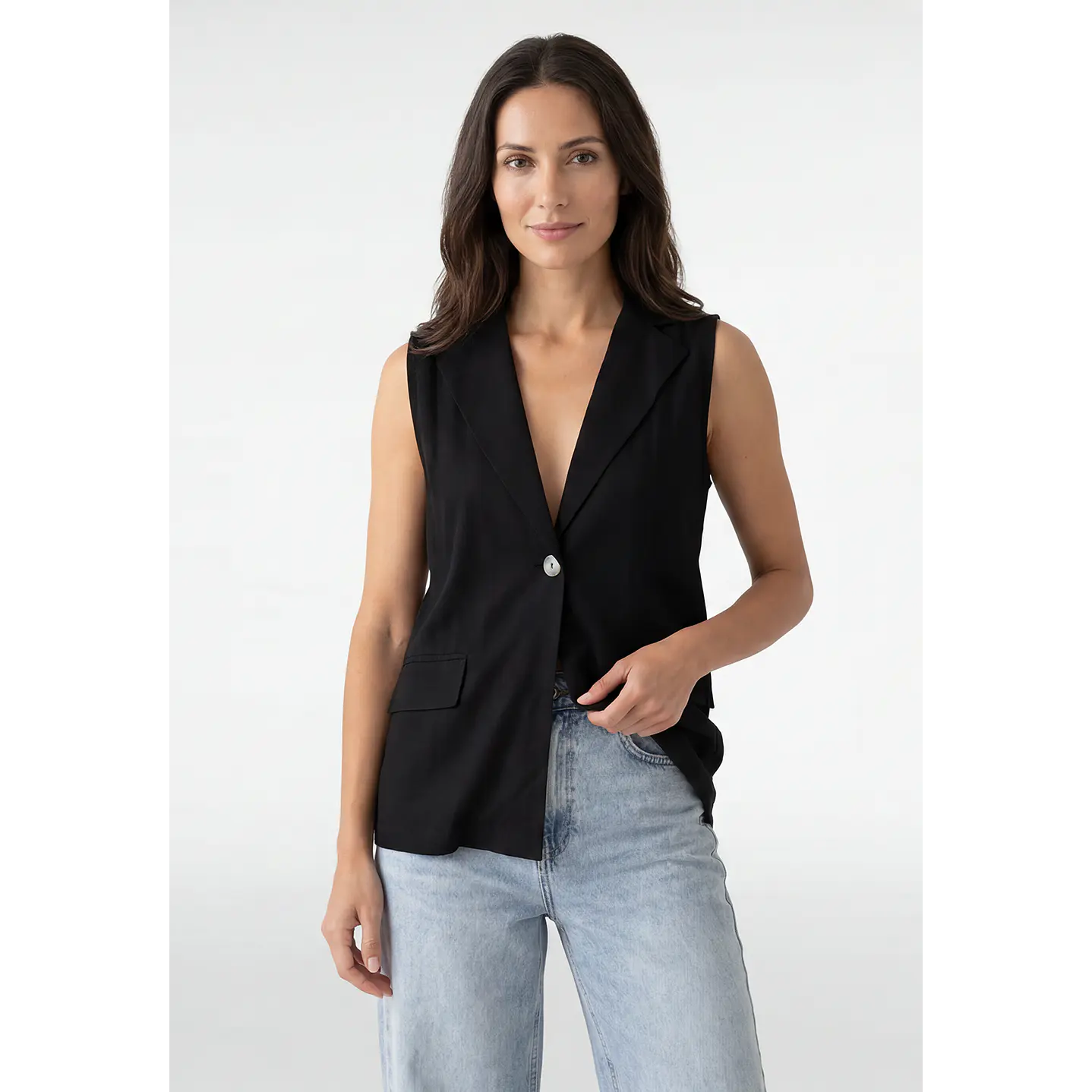 Blazer Lino Mujer Sin Manga Negro 1
