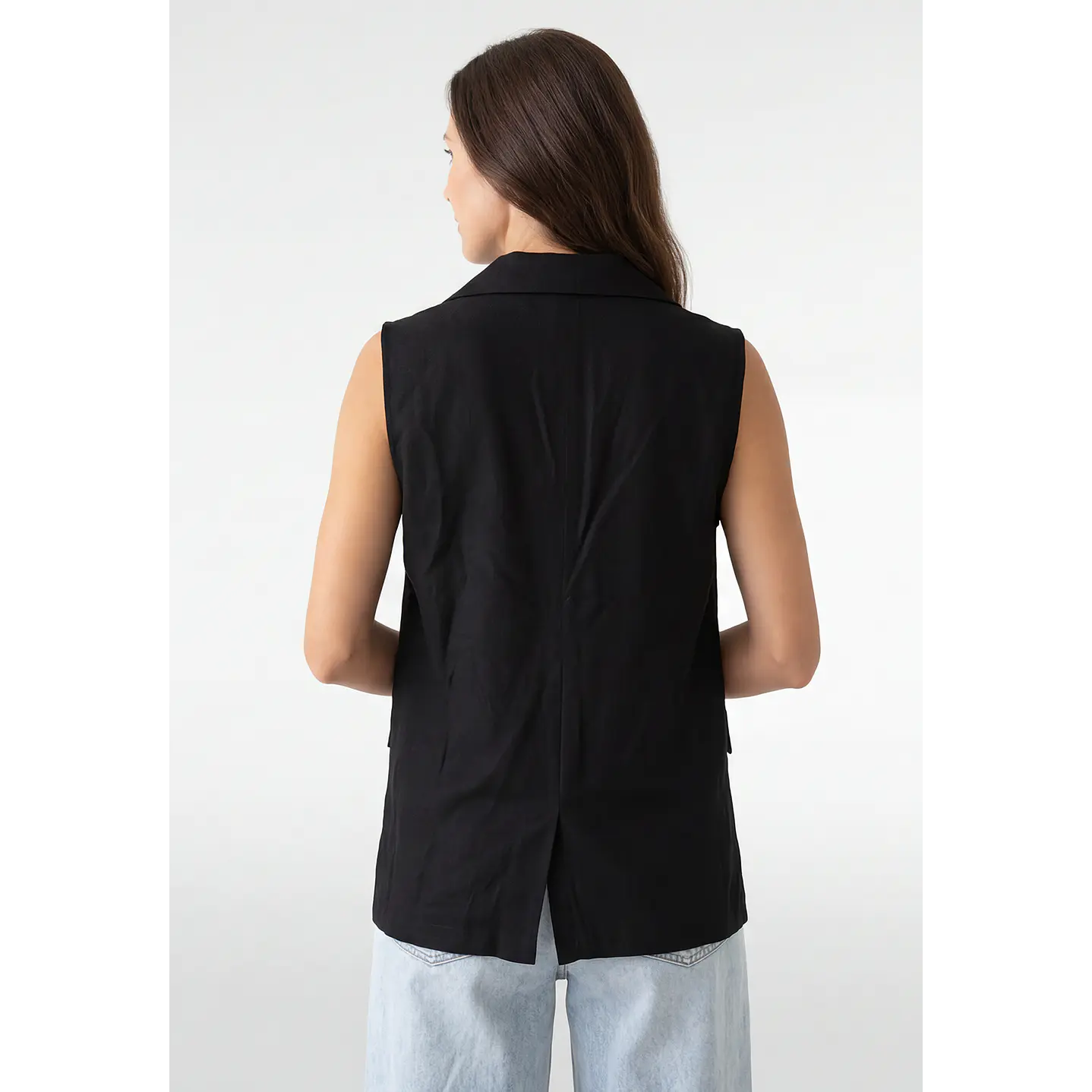 Blazer Lino Mujer Sin Manga Negro 3