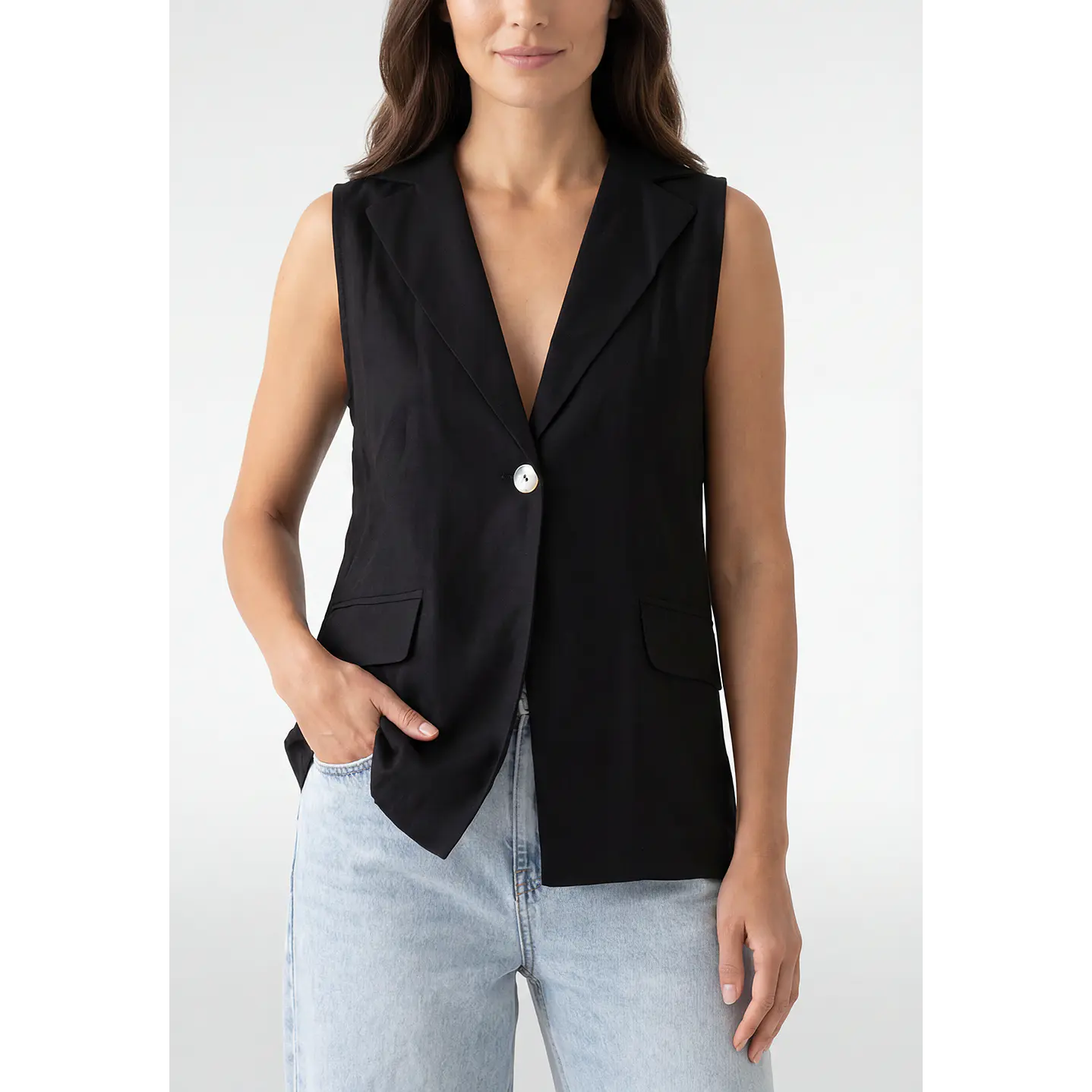 Blazer Lino Mujer Sin Manga Negro 4