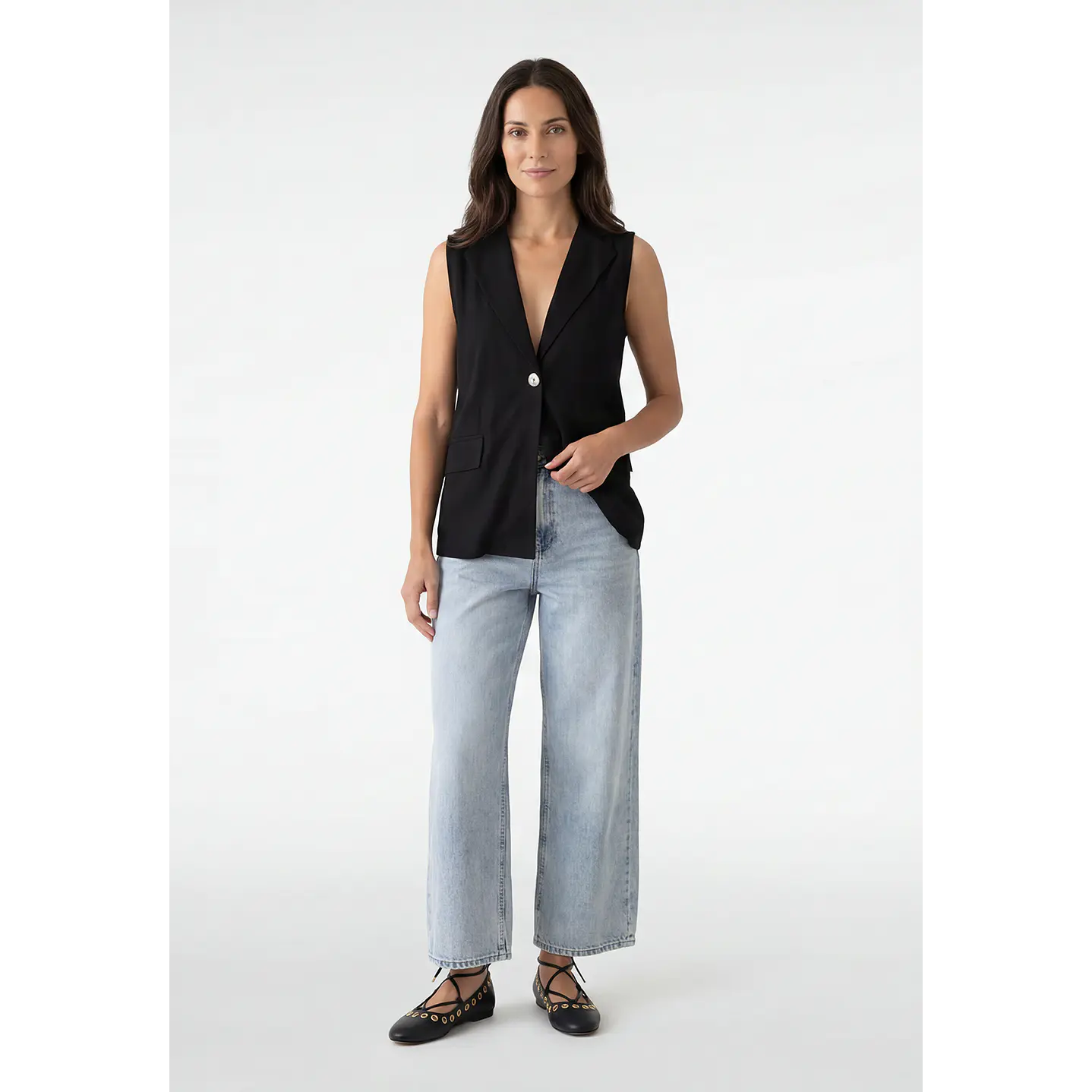 Blazer Lino Mujer Sin Manga Negro 2