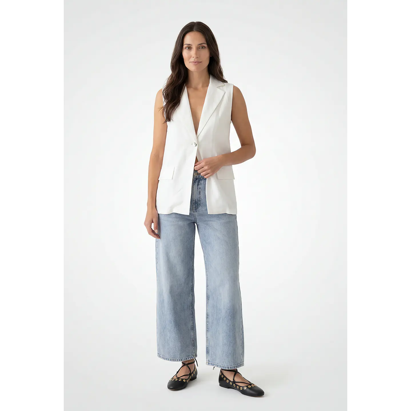 Blazer Lino Mujer Sin Manga Crudo 2