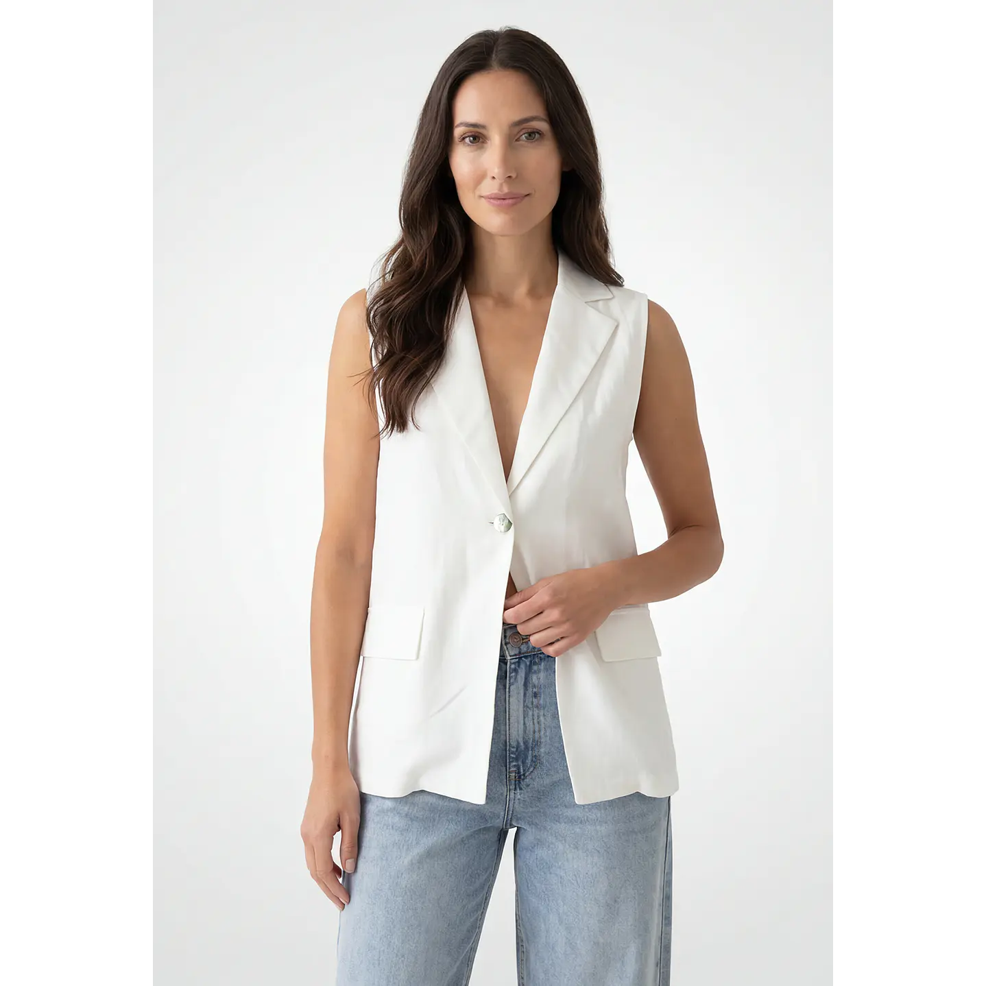 Blazer Lino Mujer Sin Manga Crudo 1