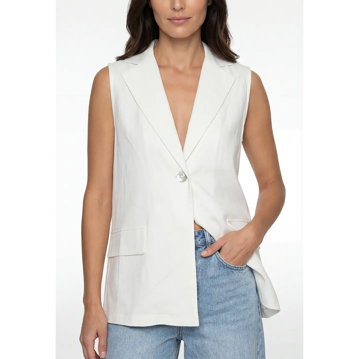 Blazer Lino Mujer Sin Manga Crudo 4