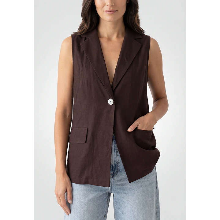 Blazer Lino Mujer Sin Manga Café 4
