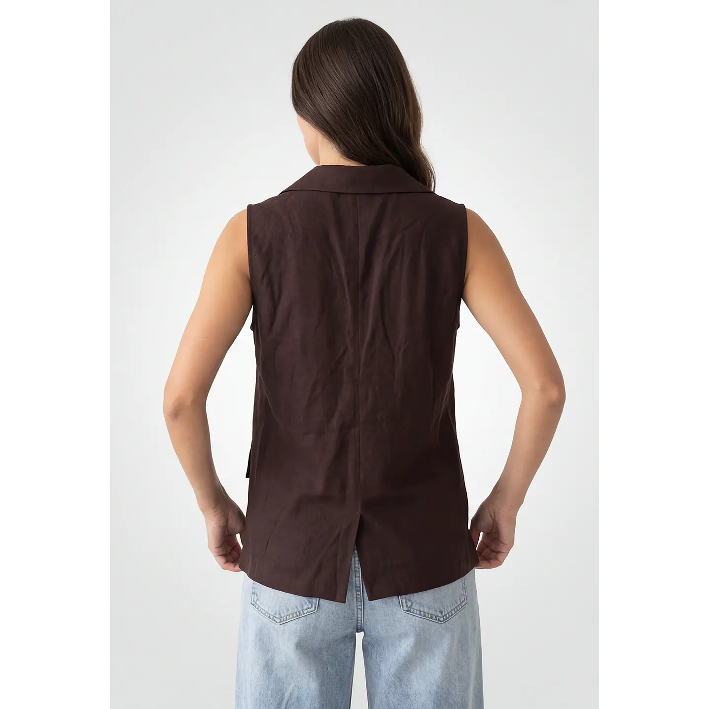 Blazer Lino Mujer Sin Manga Café 3