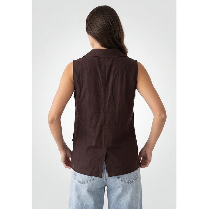 Blazer Lino Mujer Sin Manga Café 3
