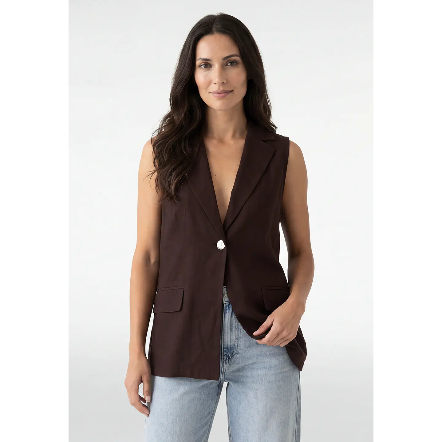 Blazer Lino Mujer Sin Manga Café 1