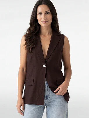 Blazer Lino Mujer Sin Manga Café