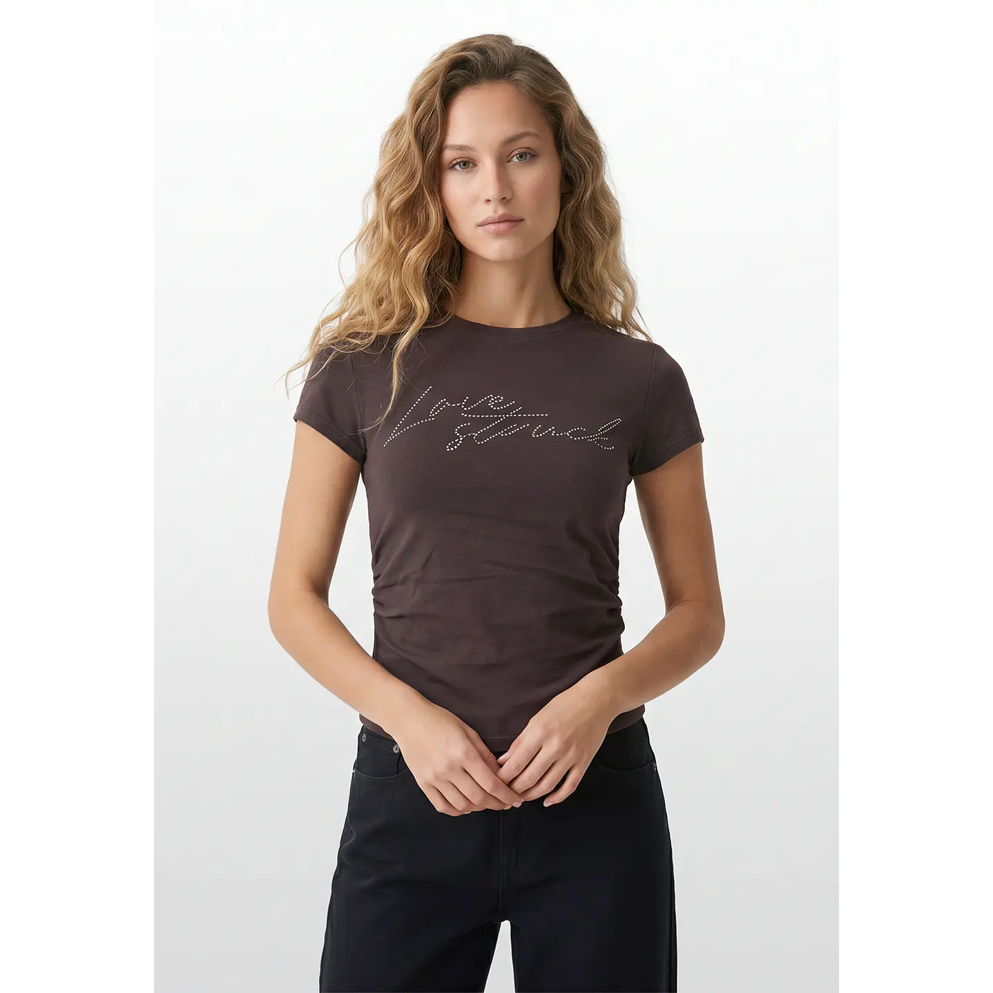 Polera Strass Recogido Lateral Mujer Café 1
