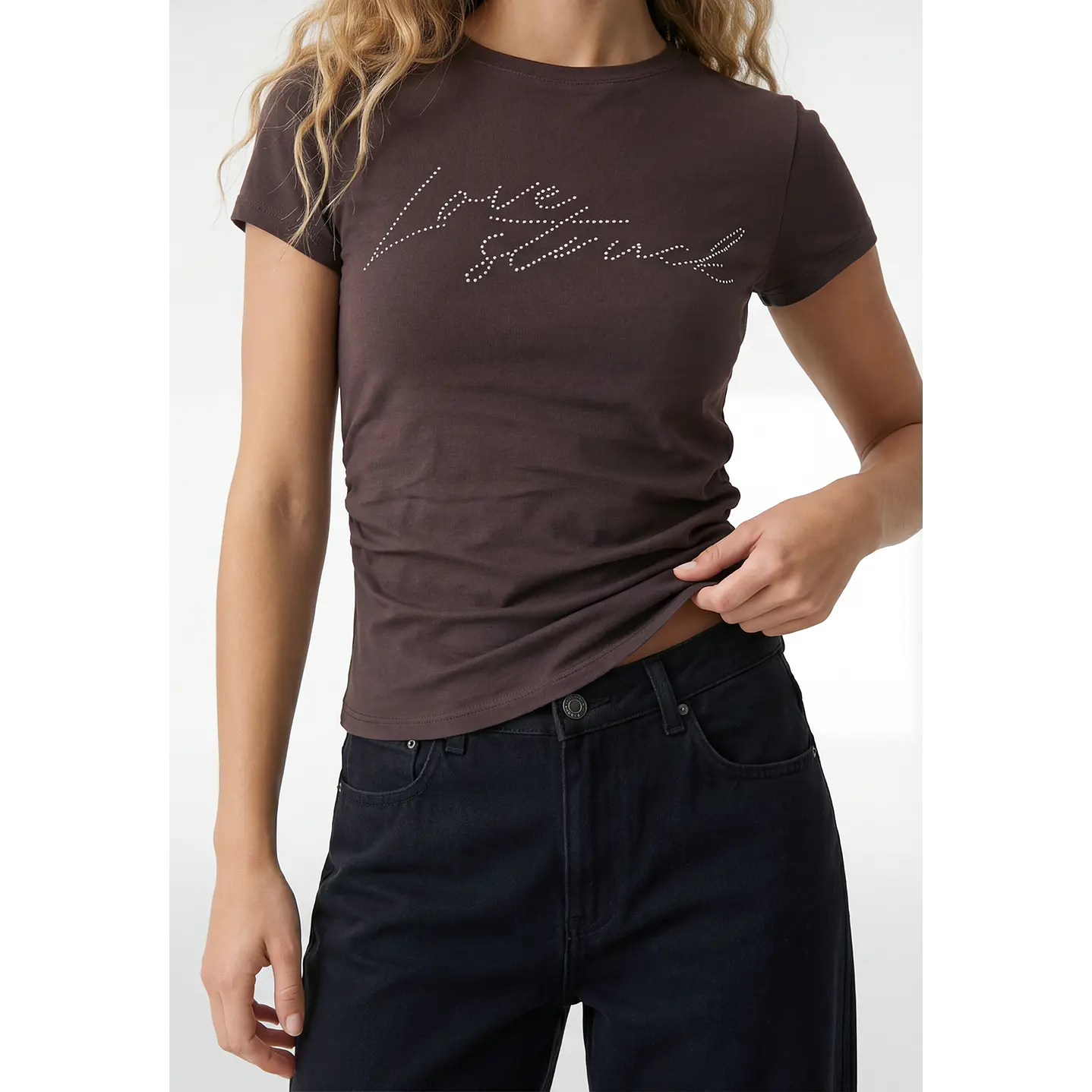 Polera Strass Recogido Lateral Mujer Café 3