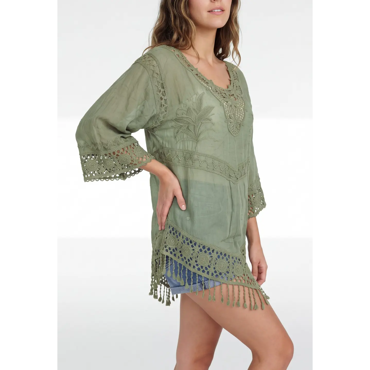 Blusa Macrame Mujer Manga 3/4 Verde 1