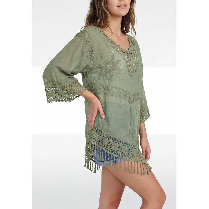 Blusa Macrame Mujer Manga 3/4 Verde 1