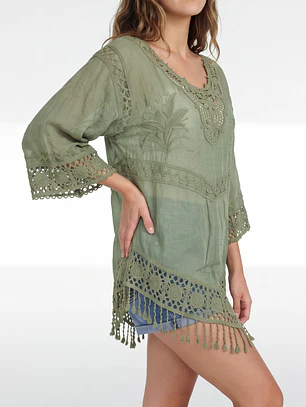 Blusa Macrame Mujer Manga 3/4 Verde