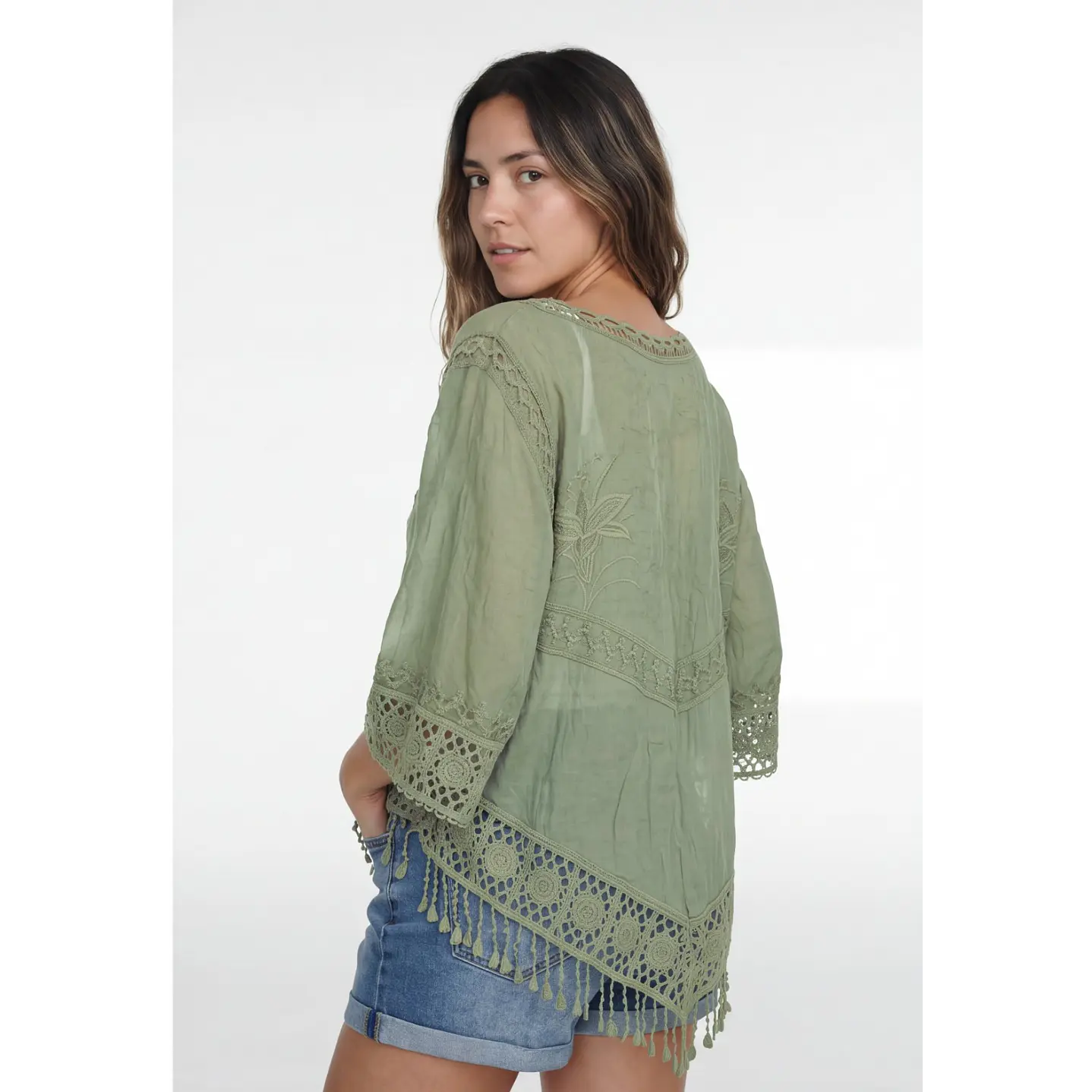 Blusa Macrame Mujer Manga 3/4 Verde 2