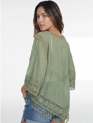 Blusa Macrame Mujer Manga 3/4 Verde