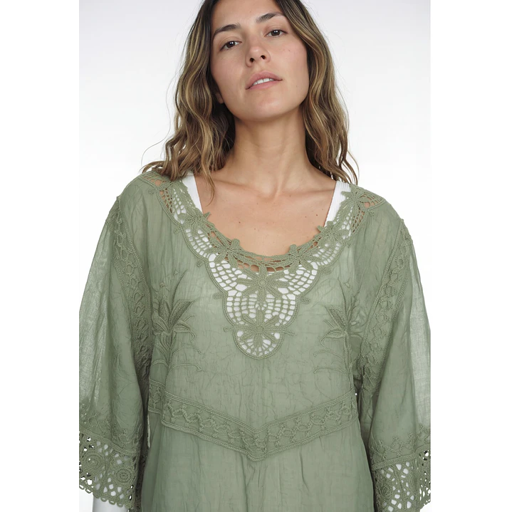 Blusa Macrame Mujer Manga 3/4 Verde 4