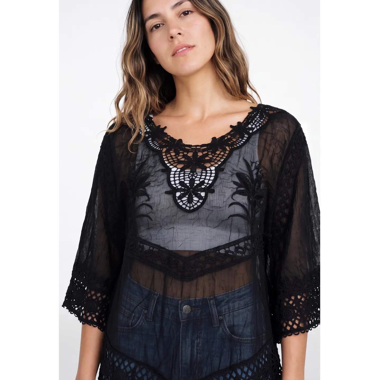Blusa Macrame Mujer Manga 3/4 Negro 4