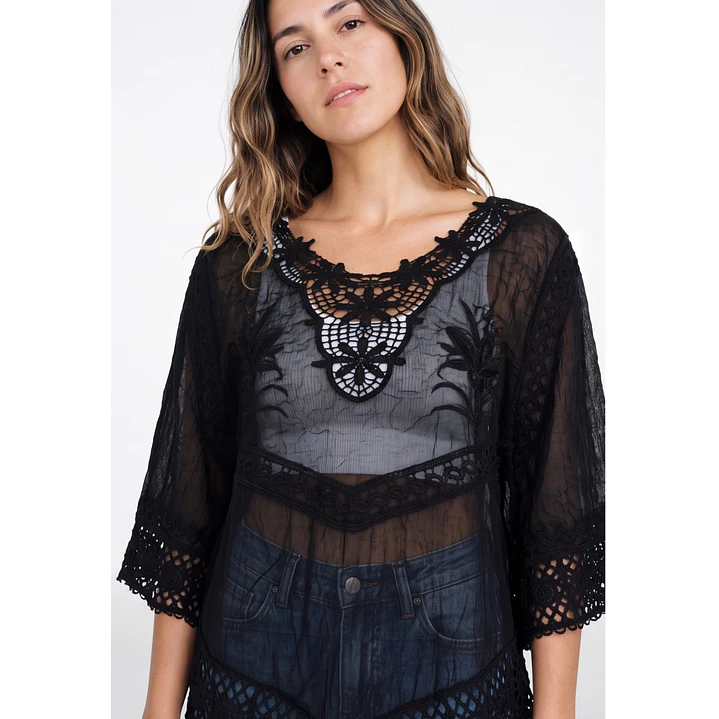 Blusa Macrame Mujer Manga 3/4 Negro 4