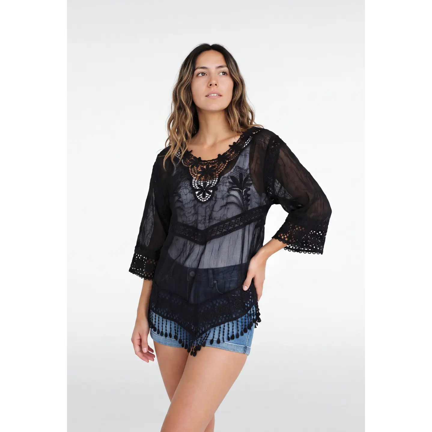 Blusa Macrame Mujer Manga 3/4 Negro 1