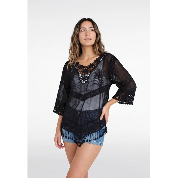 Blusa Macrame Mujer Manga 3/4 Negro 1