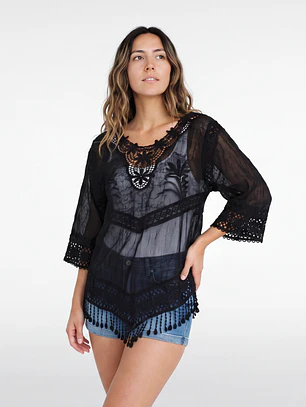 Blusa Macrame Mujer Manga 3/4 Negro
