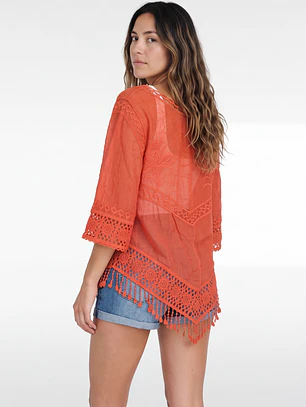 Blusa Macrame Mujer Manga 3/4 Coral