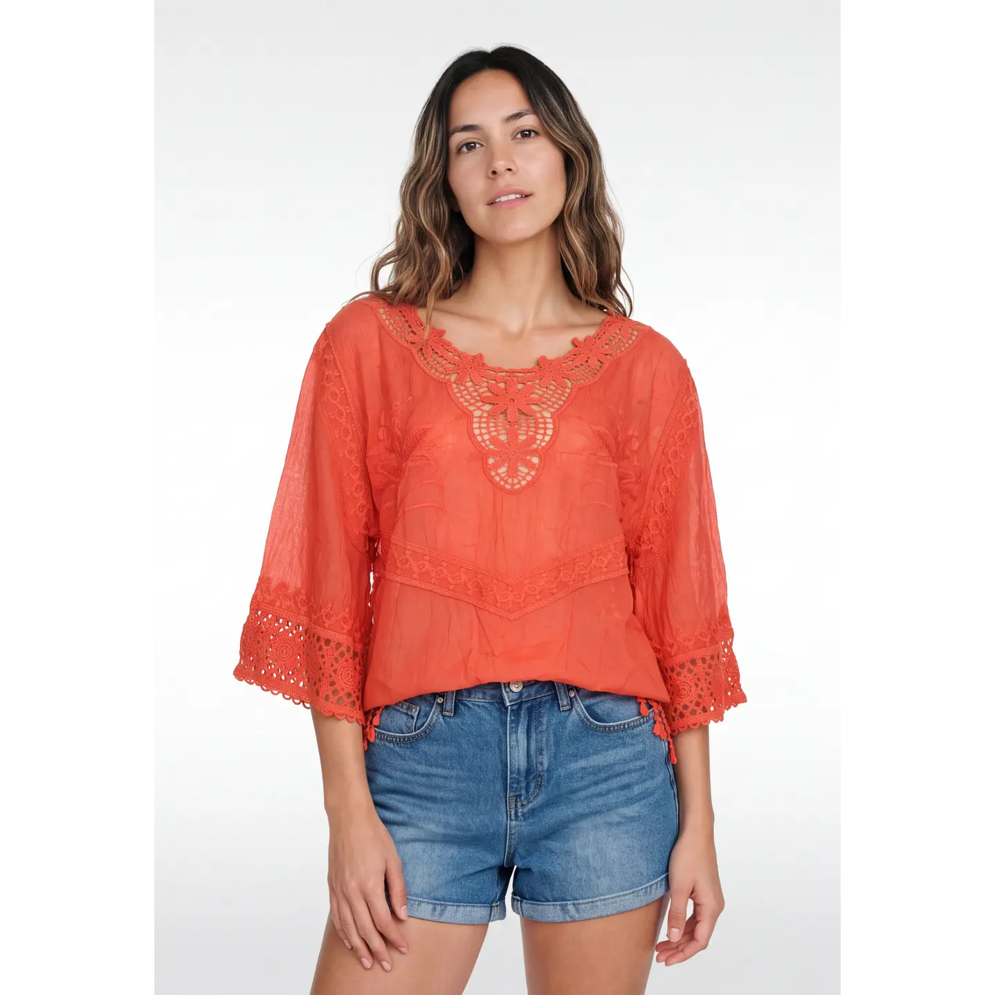 Blusa Macrame Mujer Manga 3/4 Coral 1