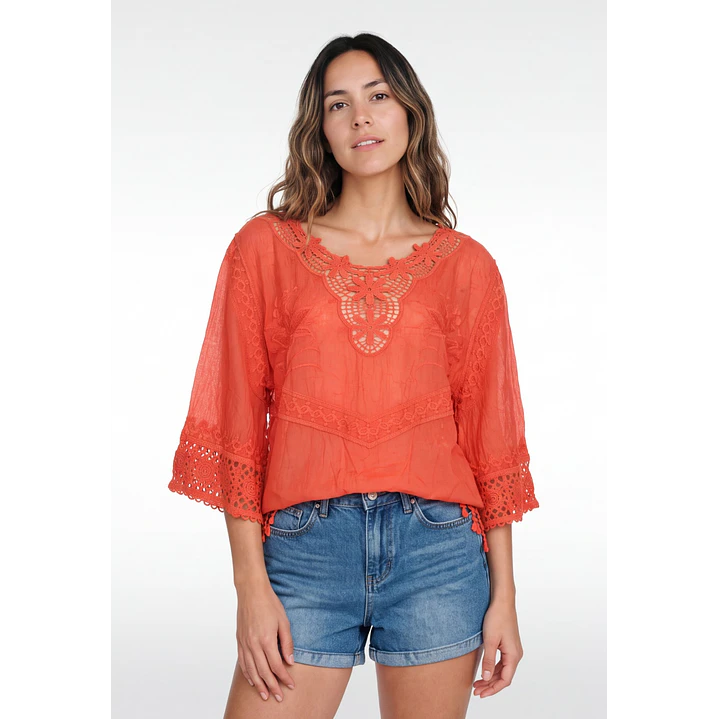 Blusa Macrame Mujer Manga 3/4 Coral 1