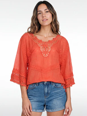 Blusa Macrame Mujer Manga 3/4 Coral