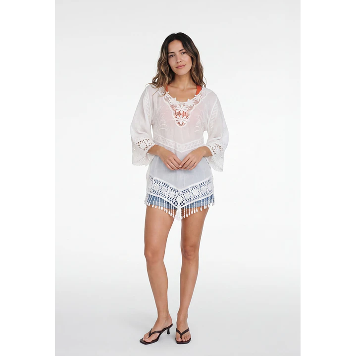 Blusa Macrame Mujer Manga 3/4 Blanco 3