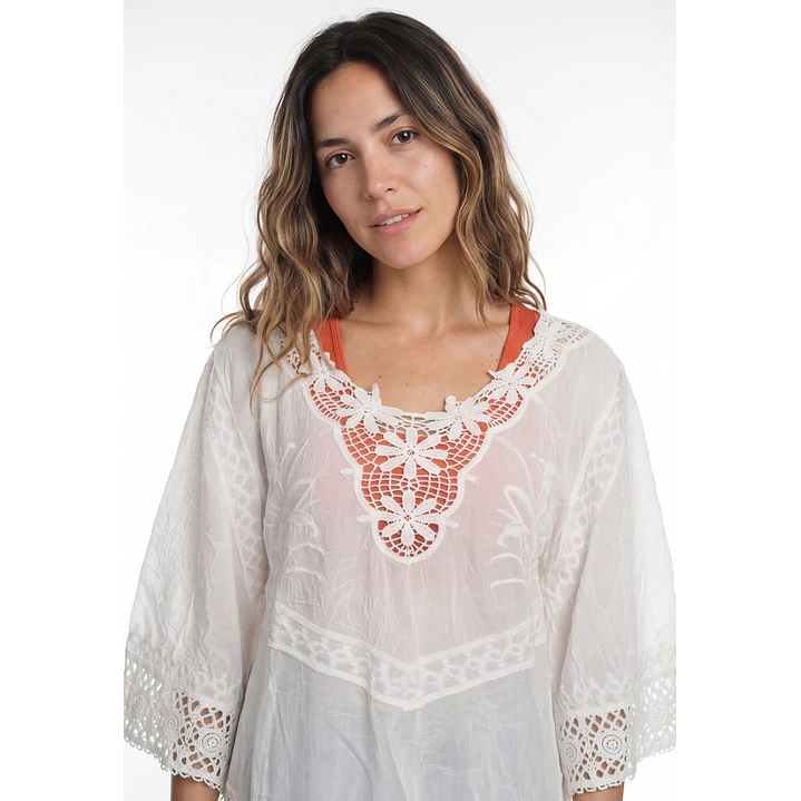Blusa Macrame Mujer Manga 3/4 Blanco 4