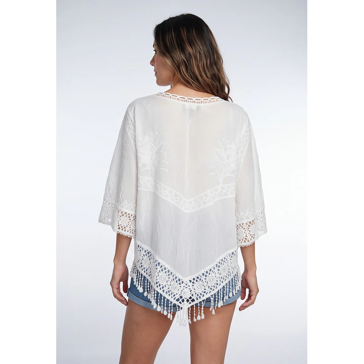 Blusa Macrame Mujer Manga 3/4 Blanco 2