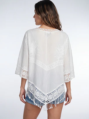 Blusa Macrame Mujer Manga 3/4 Blanco